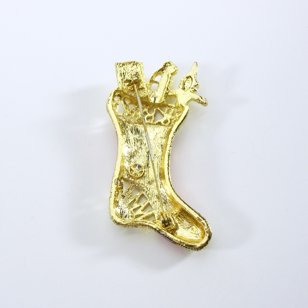 Christmas Brooch, Rhinestone Stocking Pin, Red - Picture 4 of 5